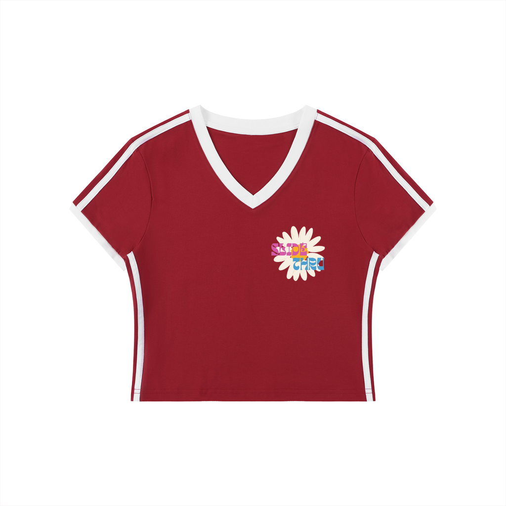Women's Retro Binding V-Neck Crop T-Shirt